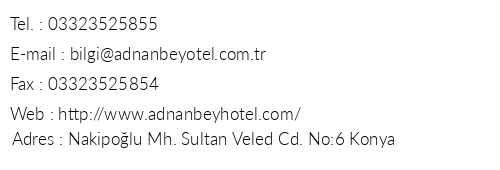 Adnan Bey Hotel telefon numaralar, faks, e-mail, posta adresi ve iletiim bilgileri